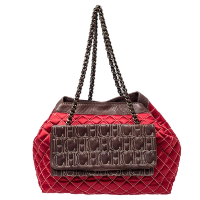 Pre-owned Carolina Herrera Red/brown Quilted Satin And Leather Logo Pocket Shoulder Bag