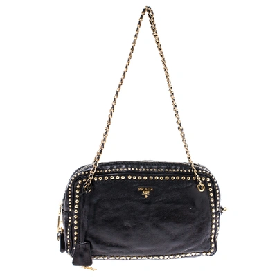 Pre-owned Prada Black Leather Studded Chain Shoulder Bag