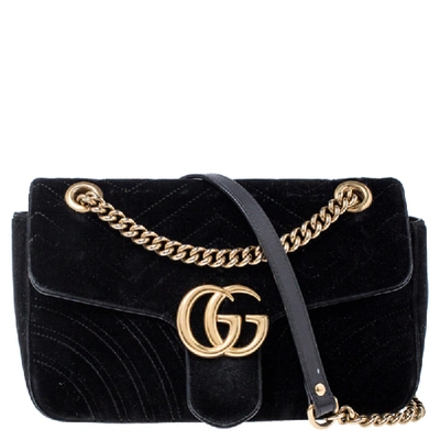 Pre-owned Gucci Black Matelasse Velvet Small Gg Marmont Shoulder Bag