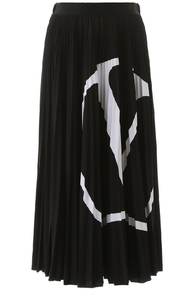 Shop Valentino Vlogo Pleated Midi Skirt In Black