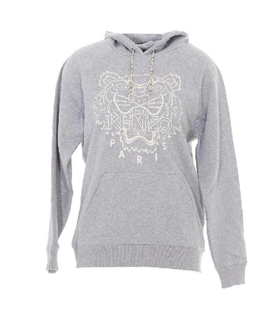 Shop Kenzo Tiger Logo Embroidered Hoodie In Grey
