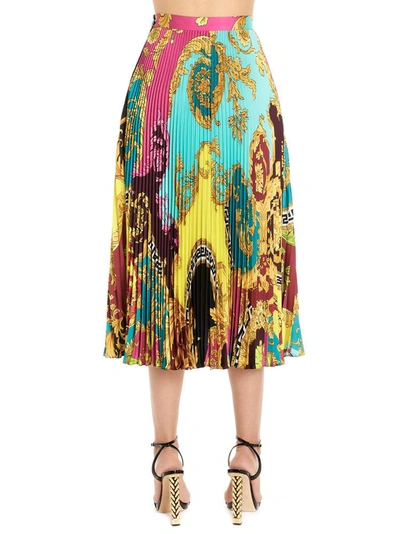Shop Versace Pleated Baroque Print Midi Skirt In Multicolor