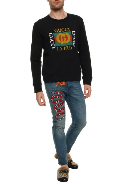 Shop Gucci Snake Embroidered Jeans In Blue