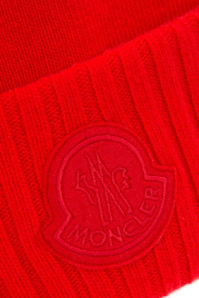 Shop Moncler Logo Patch Ribbed Beanie In Red