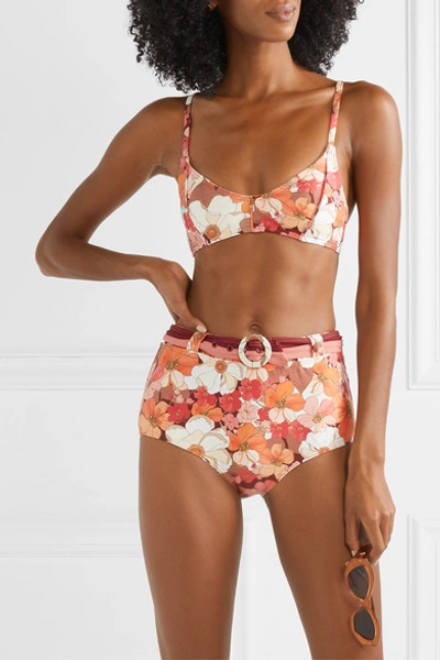 Peony Net Sustain Belted Floral-print Bikini Briefs In Red