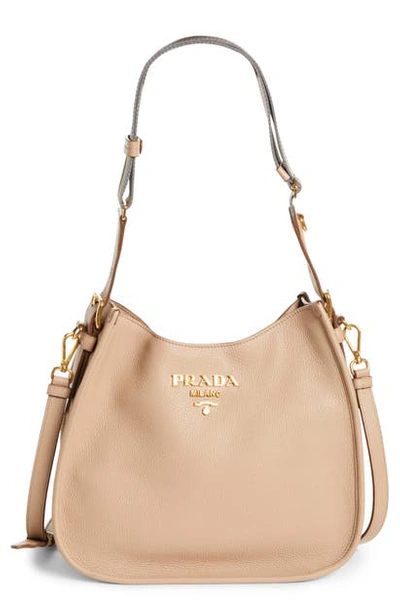 Shop Prada Daino Calfskin Leather Hobo In Cammeo