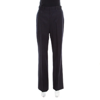 Pre-owned Hermes Navy Blue Cotton High Rise Wide Leg Trousers M