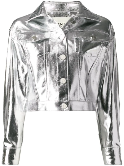 Shop Fendi Metallic Sheen Cropped Jacket In Silver