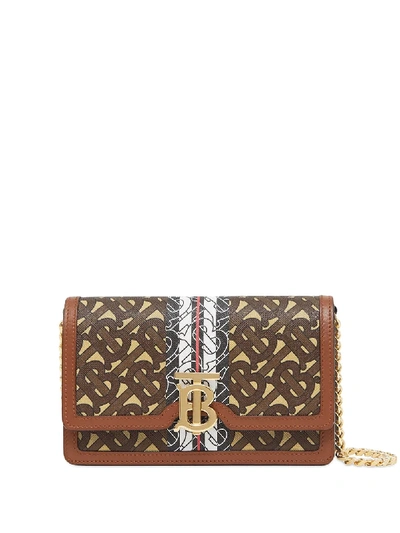 Shop Burberry Small Monogram Stripe Wallet On Chain In Brown