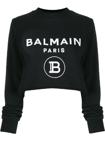 Shop Balmain Logo-print Cropped Sweatshirt In Black