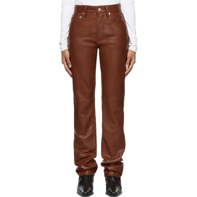 Shop Helmut Lang Brown Leather Masc High Straight Trousers In Red Tobacco