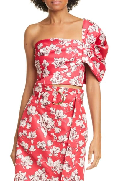 Shop Amur Lucia Floral One-shoulder Crop Top In Raspberry Wild Rose