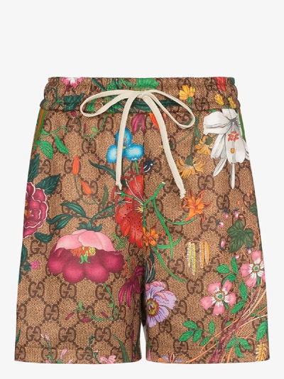 Shop Gucci Gg Floral Drawstring Shorts In Brown