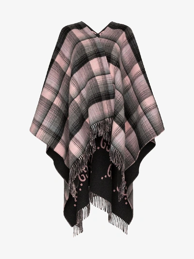 Shop Gucci Grey And Pink Gg Logo Check Wool Poncho