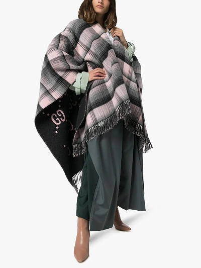 Shop Gucci Grey And Pink Gg Logo Check Wool Poncho