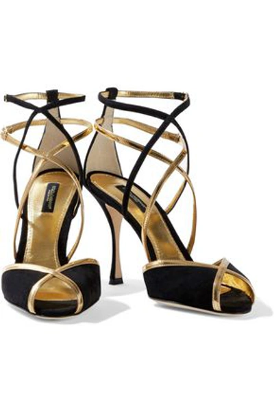 Shop Dolce & Gabbana Metallic Leather-trimmed Suede Sandals In Gold