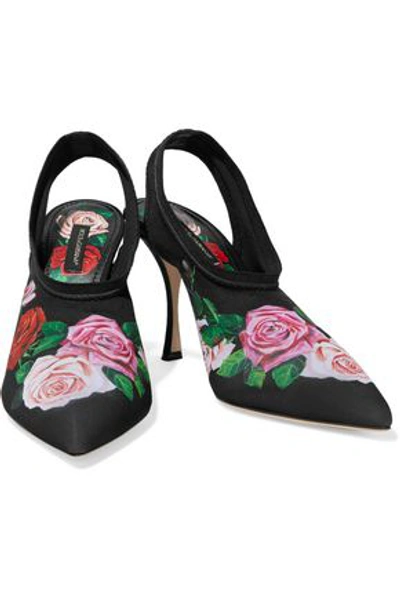 Shop Dolce & Gabbana Floral-print Stretch-knit Slingback Pumps In Black