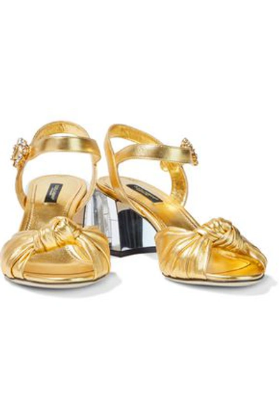 Shop Dolce & Gabbana Embellished Knotted Metallic Leather Sandals In Gold