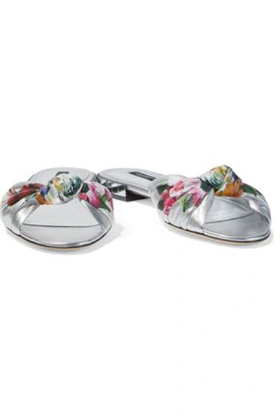 Shop Dolce & Gabbana Knotted Floral-print Metallic Leather Slides In Silver