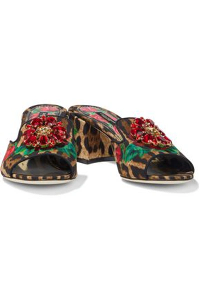 Shop Dolce & Gabbana Crystal-embellished Printed Woven Mules In Animal Print