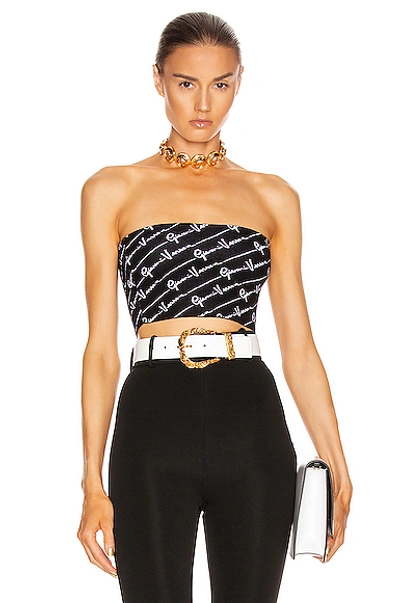 Shop Versace Text Print Strapless Crop Top In Black & White