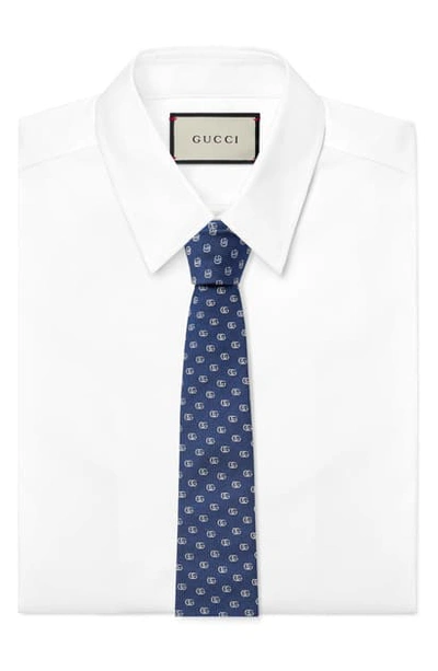 Shop Gucci Running Gg Logo Silk Jacquard Tie In Navy Ivory