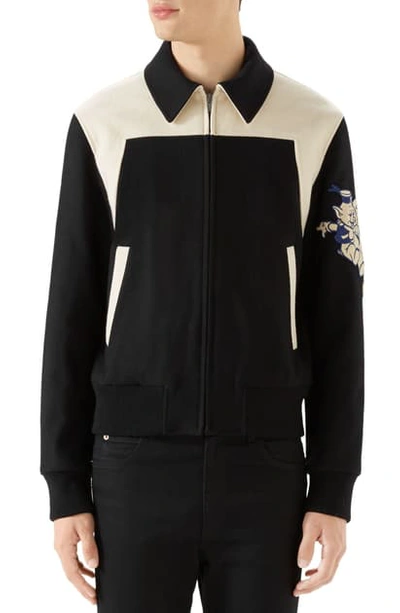 Shop Gucci Wool Bomber With Cat Applique In Black And White