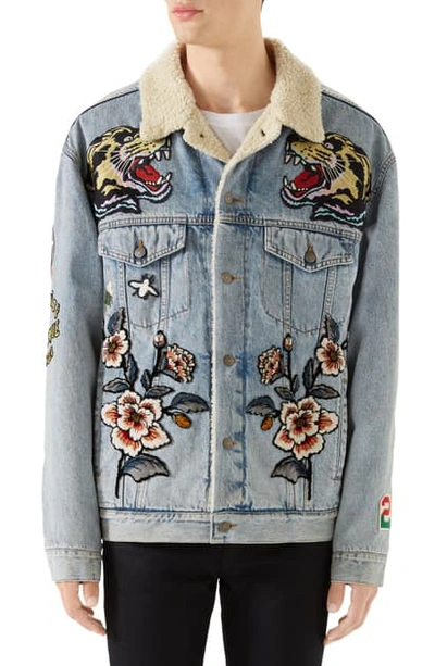 Shop Gucci Fleece Lined Embroidered Denim Jacket In Light Blue