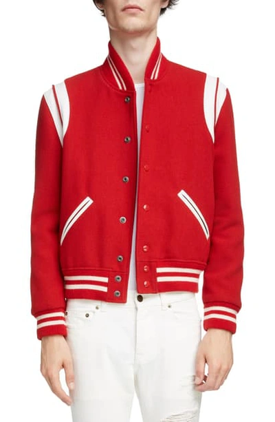 Shop Saint Laurent Teddy Stretch Wool Varsity Jacket In Red