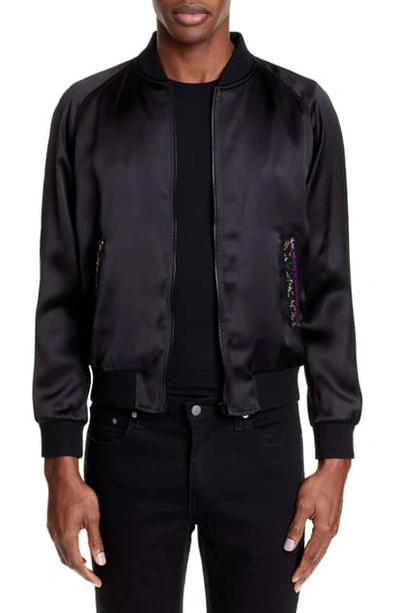 Shop Saint Laurent Satin Bomber Jacket In Black