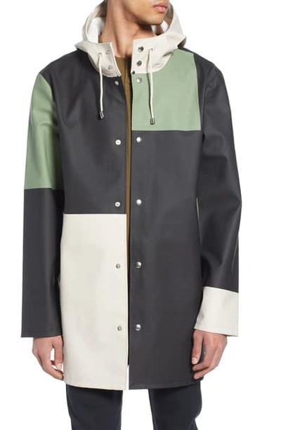 Shop Stutterheim Patchwork Waterproof Hooded Raincoat In Light Sand/black/desert Green