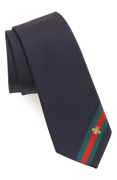Shop Gucci Bee Web Stripe Silk Tie In Navy