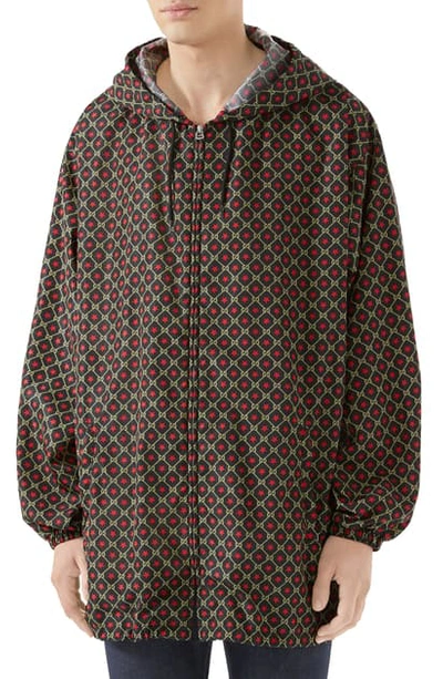 Shop Gucci Gg Star Print Hooded Jacket In Black/ Live Red Print