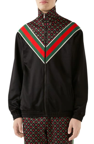 Shop Gucci Gg Star Print Technical Jersey Jacket In Black/ Yard/ Live Red