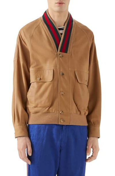 Shop Gucci Web Trim Leather Bomber Jacket In Camel/ Mc