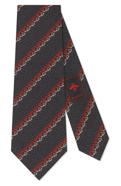 Shop Gucci Game Logo Diagonal Stripe Silk Tie In Black/ Red