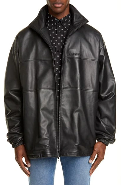 Shop Balenciaga Oversize Lambskin Leather Track Jacket In Black