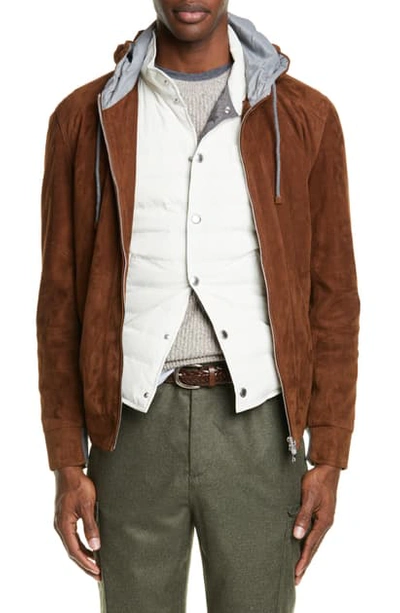 Shop Brunello Cucinelli Suede Hooded Jacket In Brown