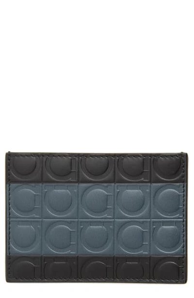 Shop Ferragamo Gancio Embossed Leather Card Case In Black/ Grey