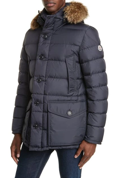 Moncler Cluny Down Parka With Genuine Fur Trim Hood In Navy | ModeSens