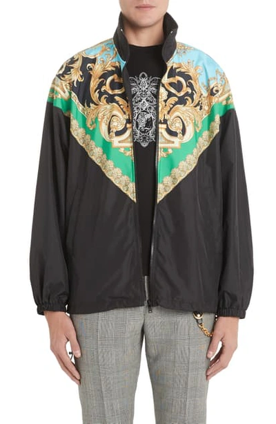 Shop Versace Baroque Trench Jacket In Green/light Blue