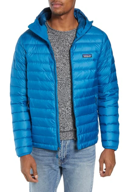 Shop Patagonia Packable Windproof & Water Repellent Down Hooded Jacket In Balkan Blue