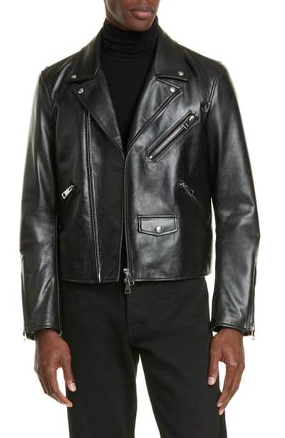 Shop Bottega Veneta Leather Moto Jacket In Nero
