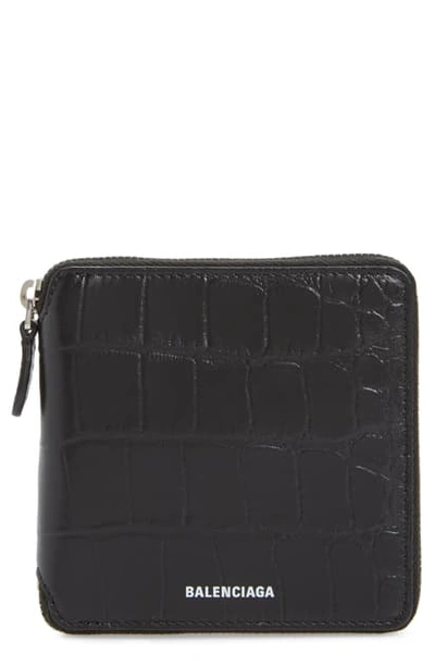 Shop Balenciaga Ville Croc Embossed Leather Square Wallet In Black/ L White
