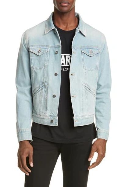 Shop Givenchy Logo Embroidery Denim Trucker Jacket In Pale Blue
