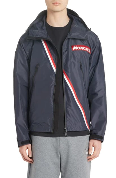 Shop Moncler Trakehner Logo Stripe Hooded Nylon Jacket In Navy