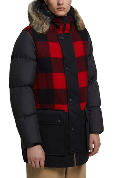 Shop Woolrich Buffalo Check Hooded Down Parka With Genuine Shearling Trim In Black