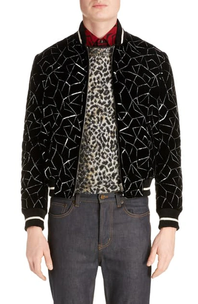 Shop Saint Laurent Embroidered Velvet Varsity Jacket In Black