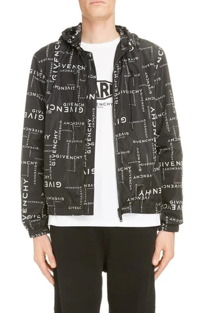Shop Givenchy Allover Logo Hooded Nylon Jacket In Black/ White