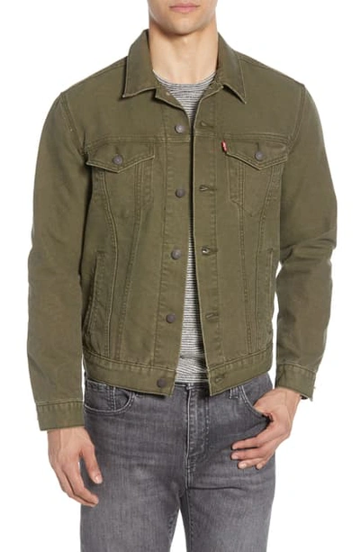 Regular Fit Trucker Jacket In Olive Night Canvas